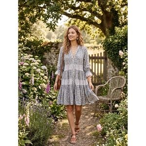 By TiMo Floral Cotton Slub Relaxed Eyelet Lace Tiered Mini Dress Blue Pink